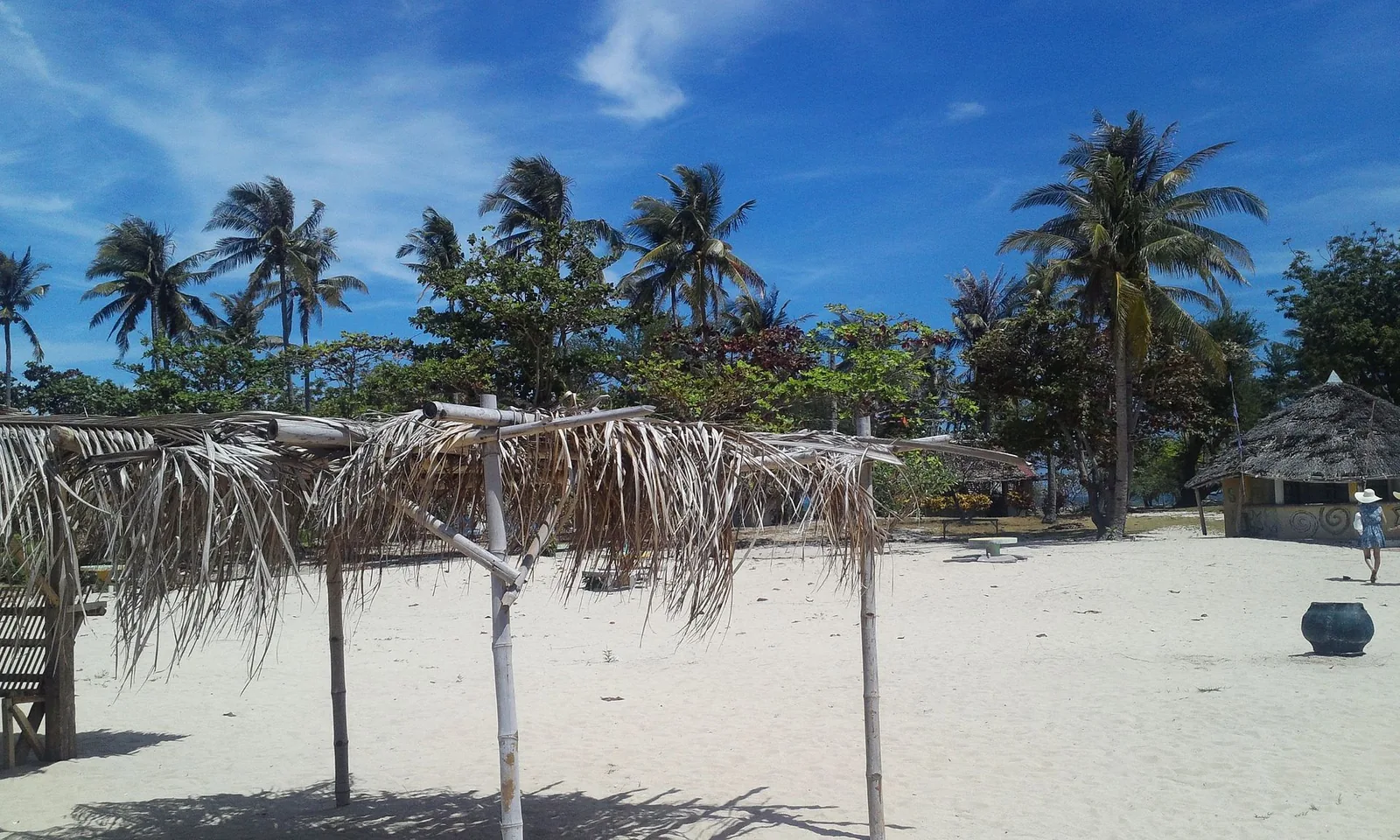 Palm trees and thatched beach shelters on the sand at Lakawon Island, Cadiz, Negros Occidental