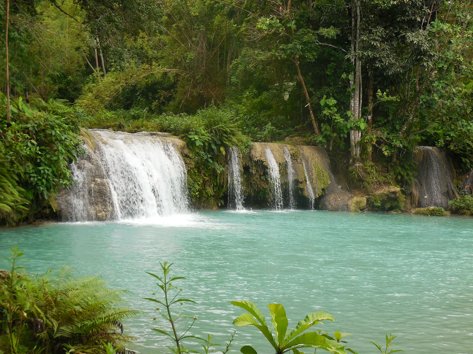 Turquoise tiers of Cambugahay Falls with a rope swing over the water on Siquijor Island